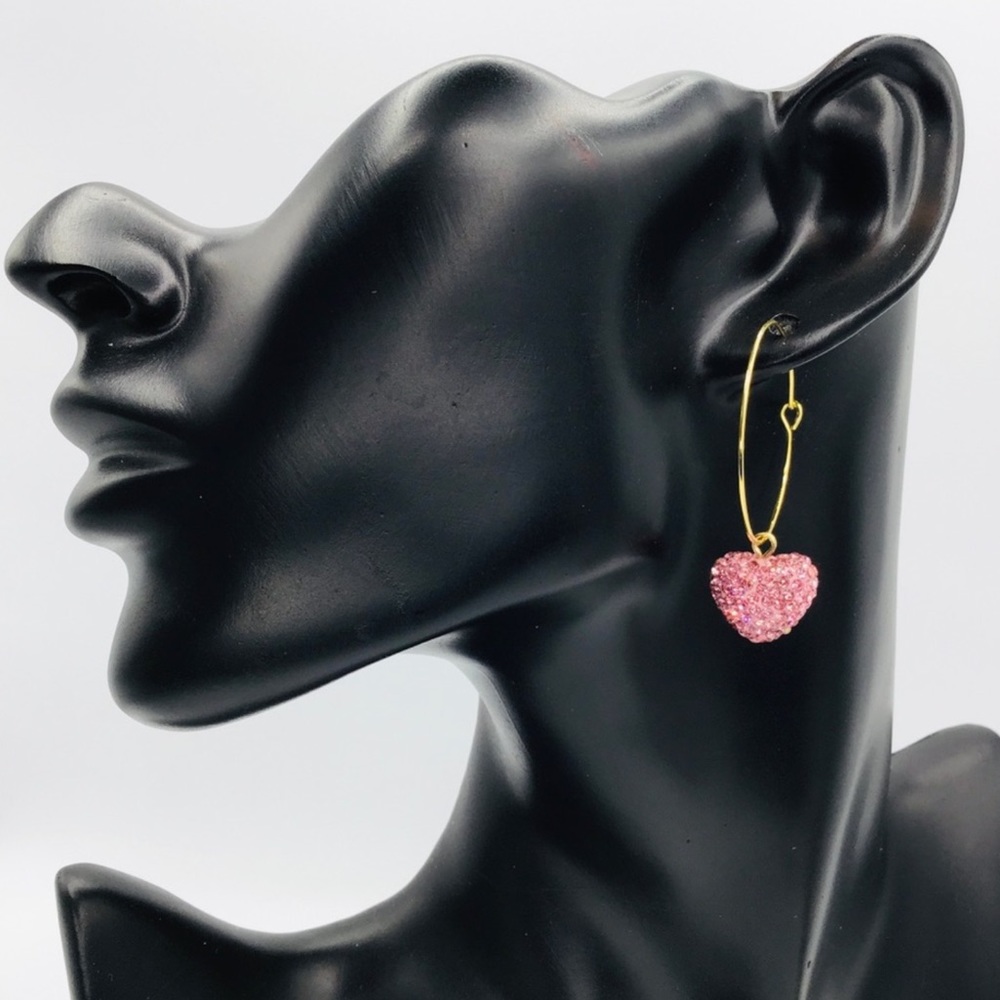 NEW Valentine’s Day Earrings Hoops Heart Pink Rhinestone Dainty Gold Tone Trend